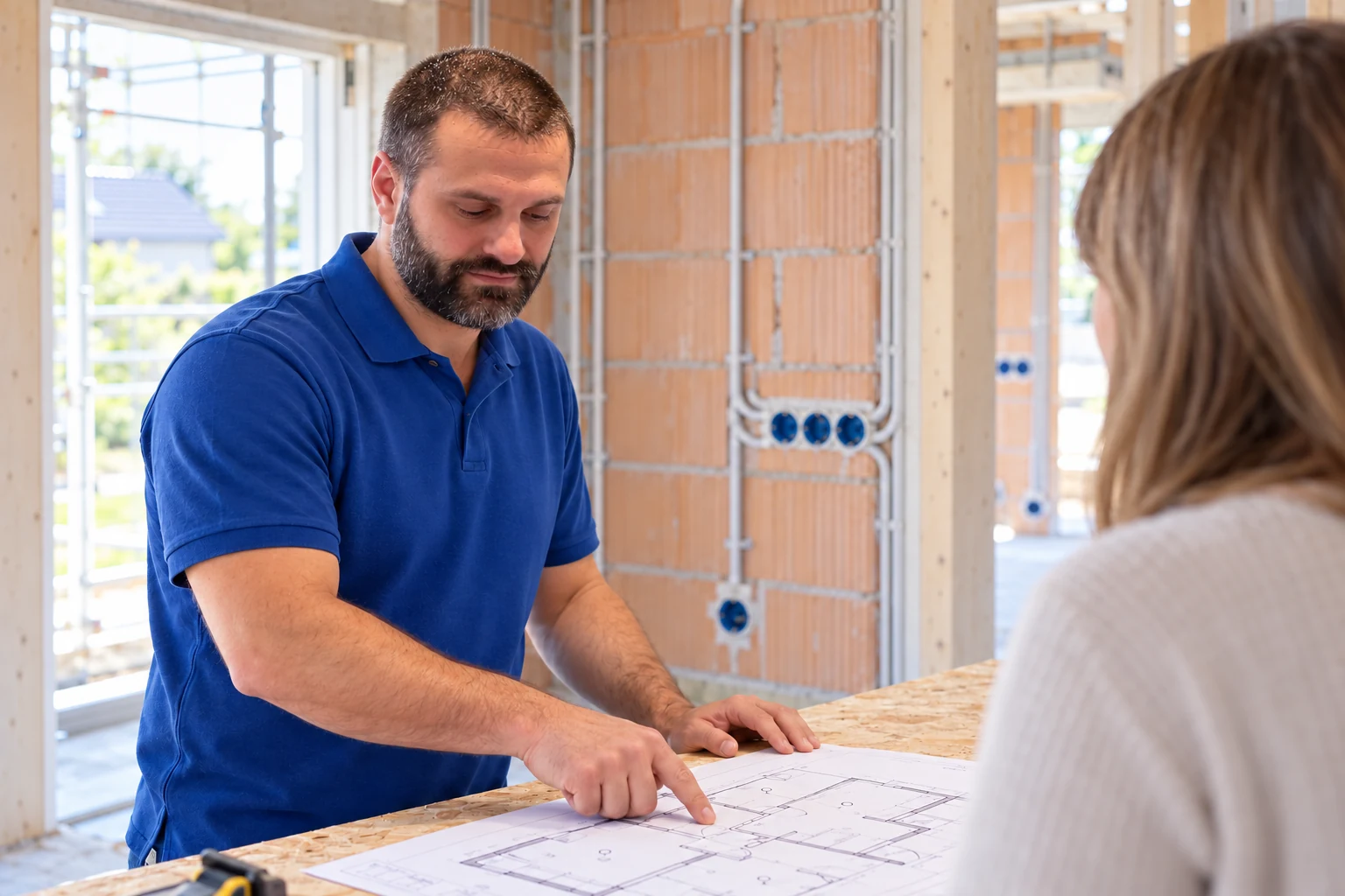 Tobias Schier bei einer Baubesprechung am Elektroplan – KI-gestaltete Szene auf Basis seines Fotos
